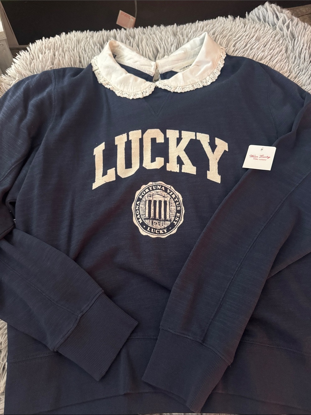 Lucky Brand Navy Crewneck Sweater with White Lace Collar - Picture 1 of 4